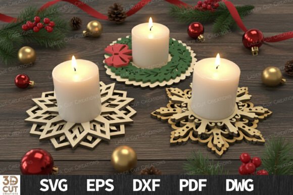 Christmas Candle Holder SVG Set: Laser Cutting & Winter Amp