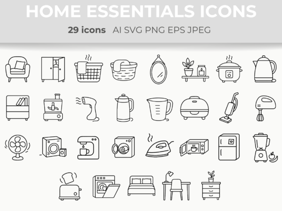 Home Essentials Line Icons Household SVG Graphics